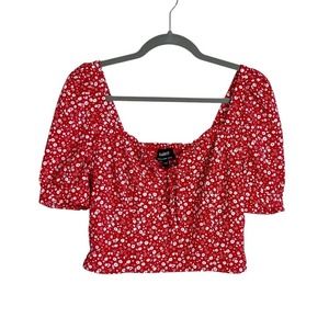 Bardot Ditsy Floral Puff Sleeve Crop Top Large 10 Red